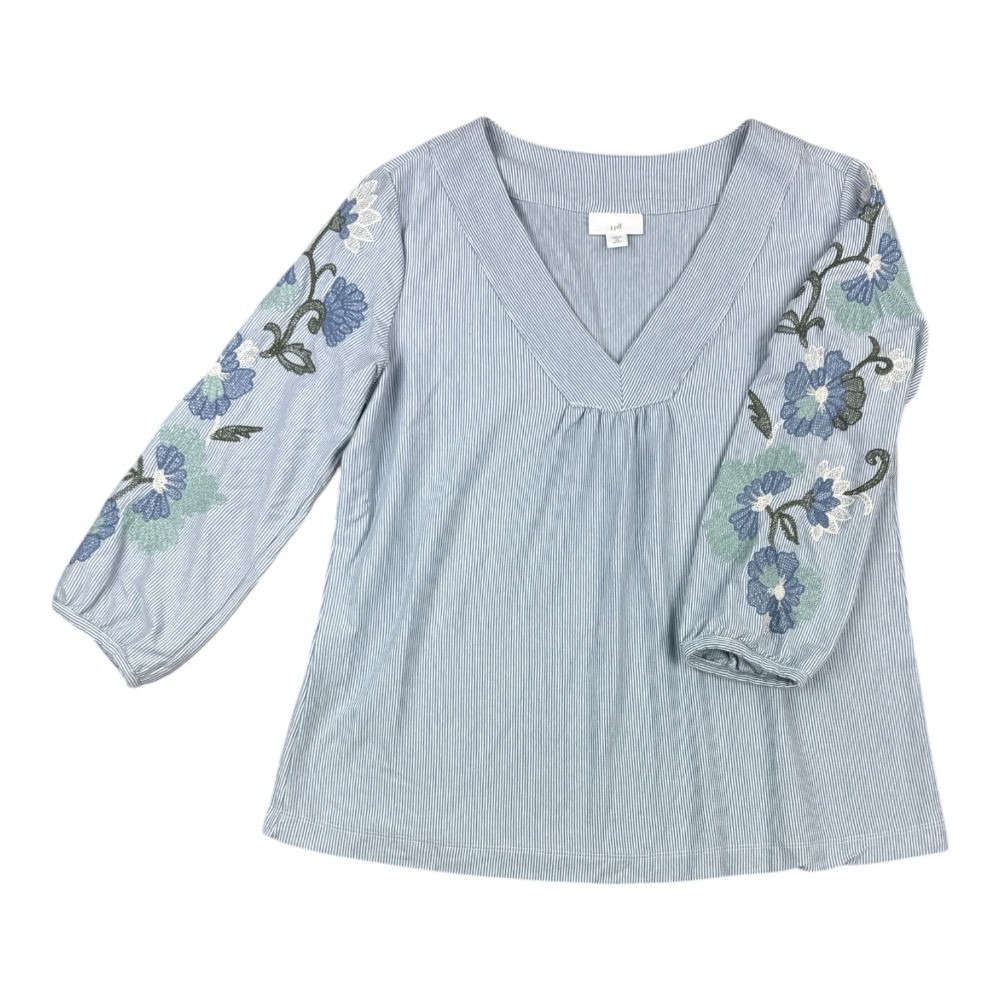 J. Jill Blue White Striped Floral Embroidered V-Neck Top XS Petite Cotton Blouse